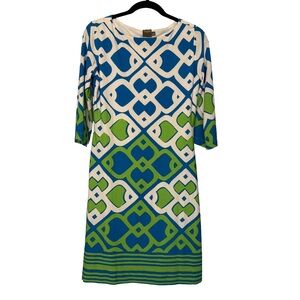 Taylor Patterned Mid Sleeve‎ Dress Green Blue & White